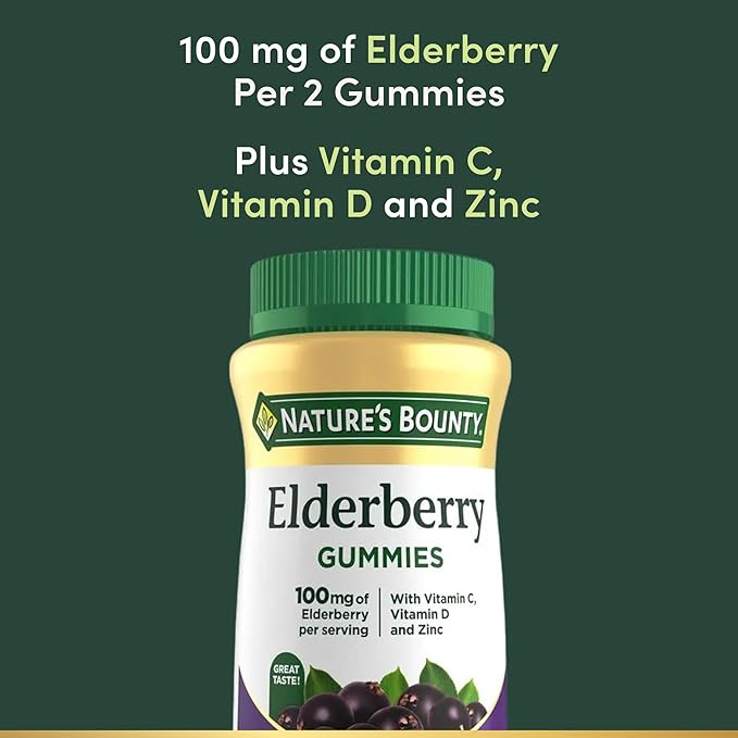 Nature's Bounty Elderberry Gummies, Dietary Supplement, Supports Immune Health, Contains Vitamin A, C, D, E and Zinc, 100 mg, 70 Gummies