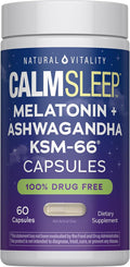Natural Vitality Calm Sleep Melatonin and Ashwaganda KSM-66 Capsules | 100% Drug Free | 60 Count
