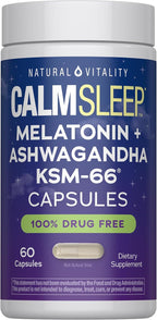 Natural Vitality Calm Sleep Melatonin and Ashwaganda KSM-66 Capsules | 100% Drug Free | 60 Count