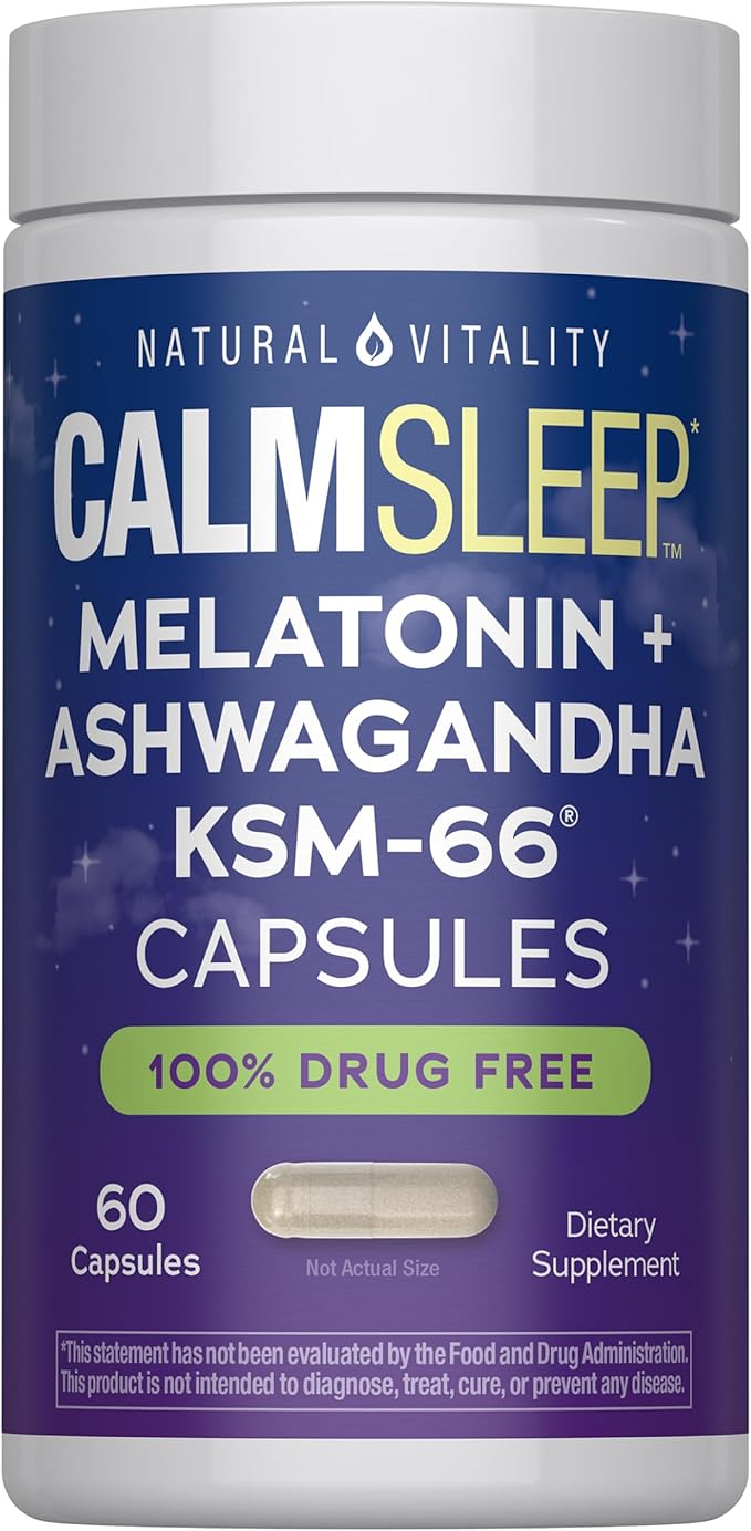 Natural Vitality Calm Sleep Melatonin and Ashwaganda KSM-66 Capsules | 100% Drug Free | 60 Count