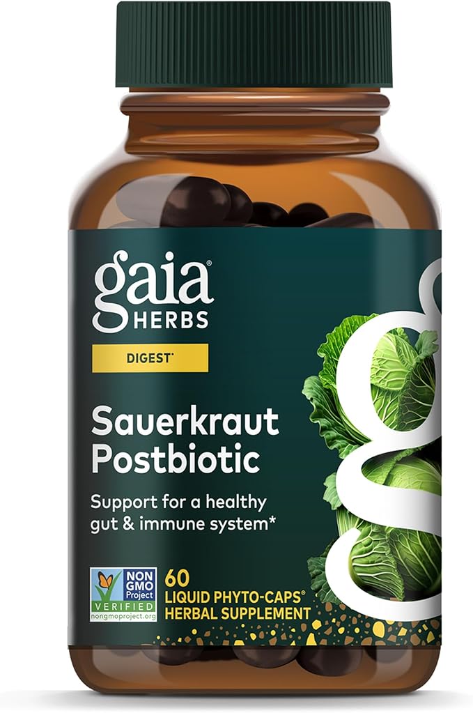 Gaia Herbs Sauerkraut Postbiotic - Gut Health & Immune Support Supplement* - Made with Fermented Sauerkraut - Free from Dairy, Soy & Gluten - 60 Vegan Liquid Phyto-Caps (30 Servings)