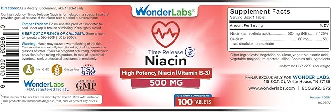 Wonder Laboratories High Potancy Time Release Niacin (Vitamin B3) 500 Mg 100 Tablets Non-GMO, Gluten Free Supplement
