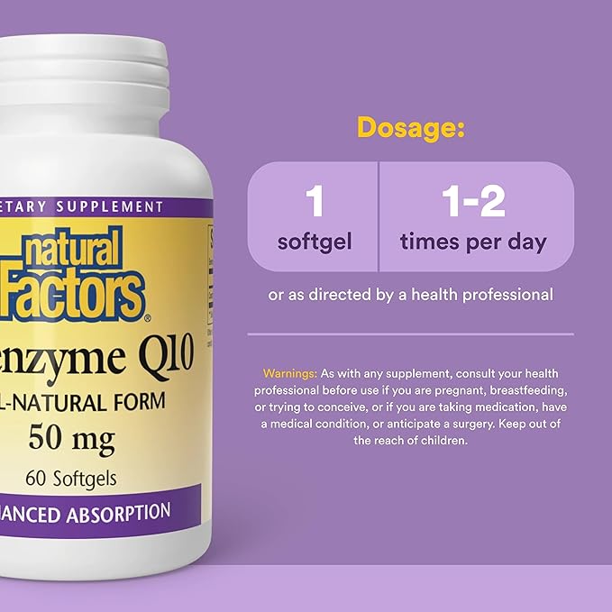 Natural Factors Coenzyme Q10 - Antioxidant Support Supplement Supports Cellular Energy Production - Better Absorption Aids Healthy Heart Function - 50 mg, 60 Softgels (60 Servings)