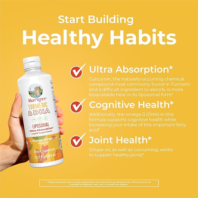 MARYRUTH'S Organics | Liposomal Turmeric & DHA | Curcumin | Ginger Root Oil | Algal DHA & Vitamin E | Cognitive Function | Mood Support | Joint Health | Liquid Supplement | 15.22 oz