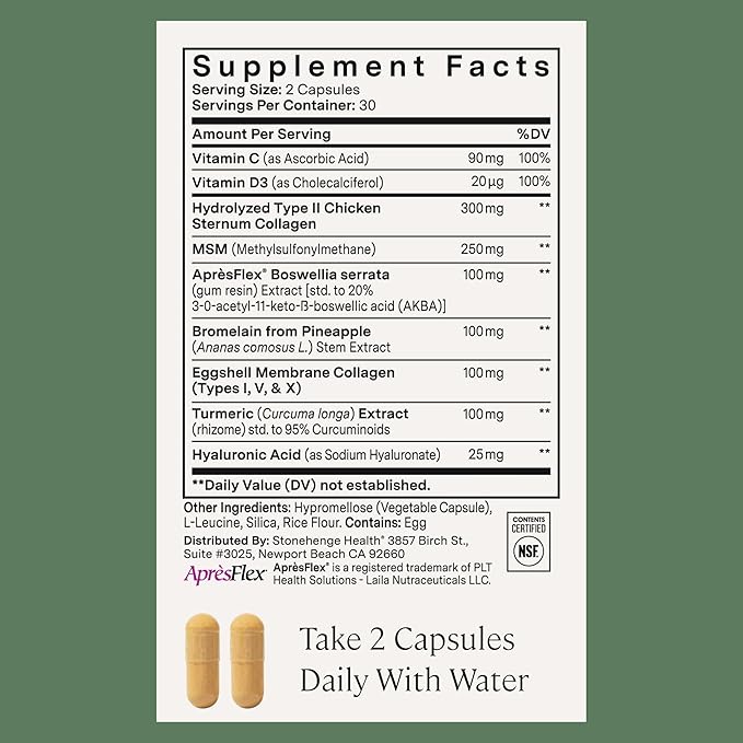 Stonehenge Health Dynamic Joint Health Supplement – Fast-Acting Support with AprèsFlex® Boswellia, MSM, Multi-Type Collagen, Turmeric, Bromelain, Vitamins C & D3 – Supports Joint Comfort – 60 Capsules