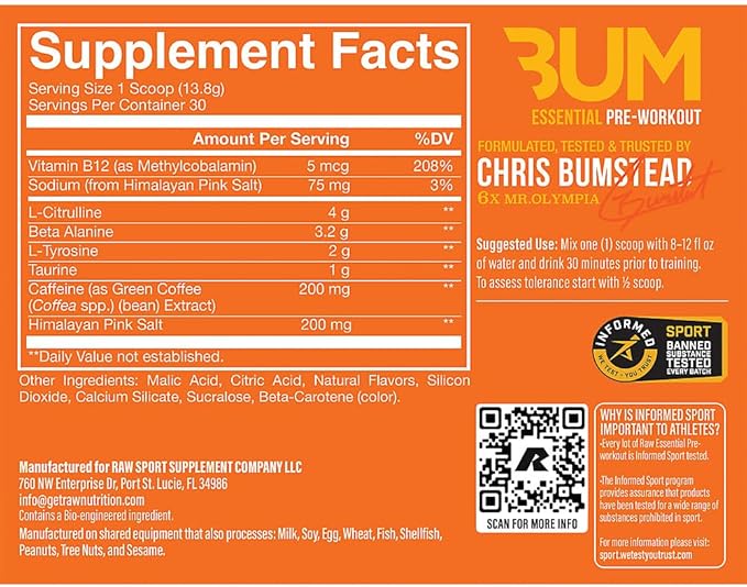 RAW Essential Pre-Workout Powder (Orange) - Chris Bumstead Sports Nutrition Supplement for Men & Women - Preworkout Energy Powder with Caffeine, L-Citrulline, L-Tyrosine, & Beta Alanine Blend