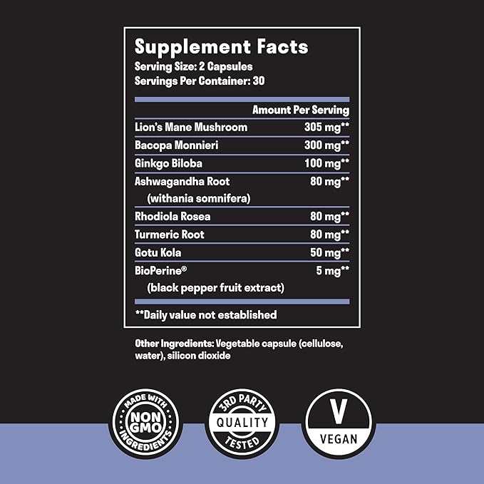 Brain Support Supplement - Natural Memory and Focus Supplement with Lion’s Mane, Ginkgo Biloba, Bacopa Monnieri & Ashwagandha Root - Natural Nootropics & Brain Booster | 60 Capsules