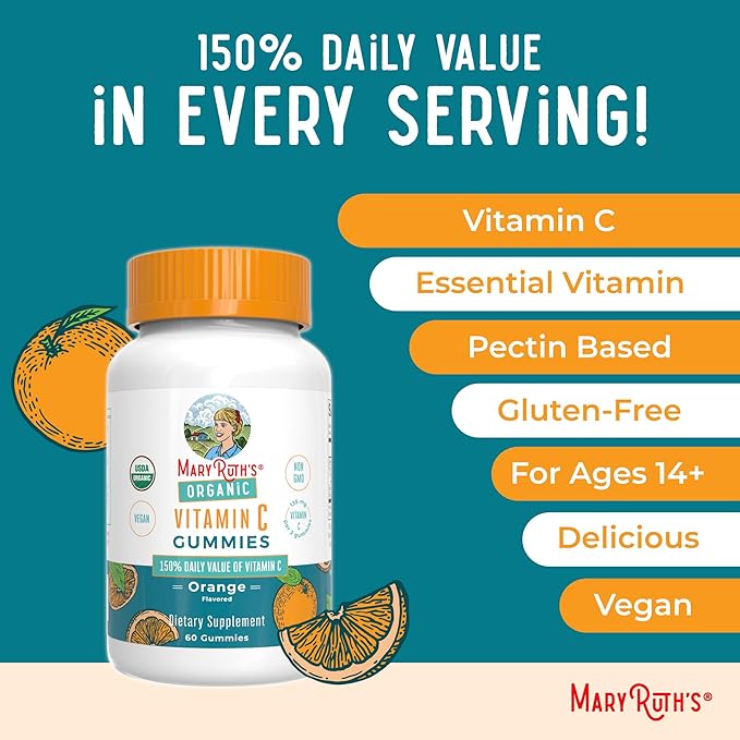MARYRUTH'S Adult Vitamin C Gummies | USDA Organic | Vegan Chewable Vitamin C Gummies for Ages 14+ | for Immune Support & Overall Wellness | Vegan | Non-GMO | Orange Flavor | 60 Count