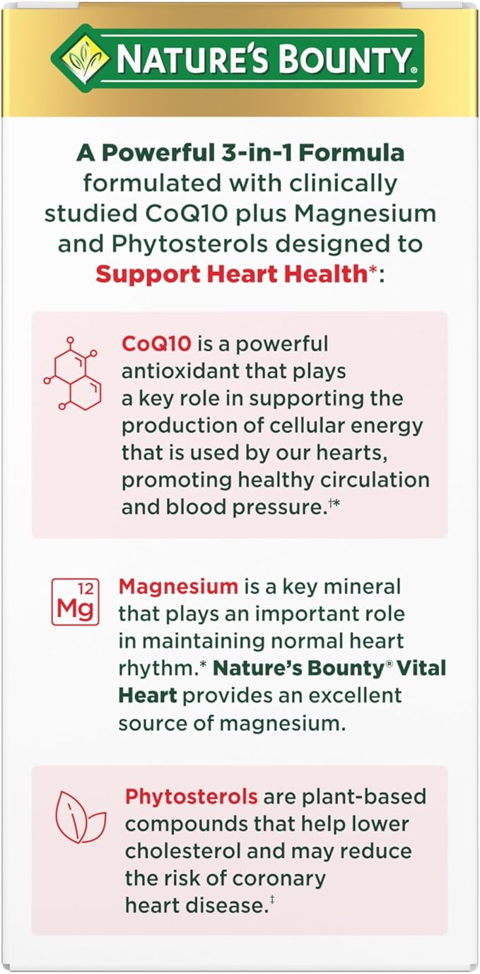 Nature’s Bounty Advanced Vital Heart with CoQ10 + Magnesium, Antioxidant, Supports Healthy Blood Pressure, Cholesterol, Circulation, Triple Action Formula, CoQ10, Magnesium Supplement, 60 Softgels