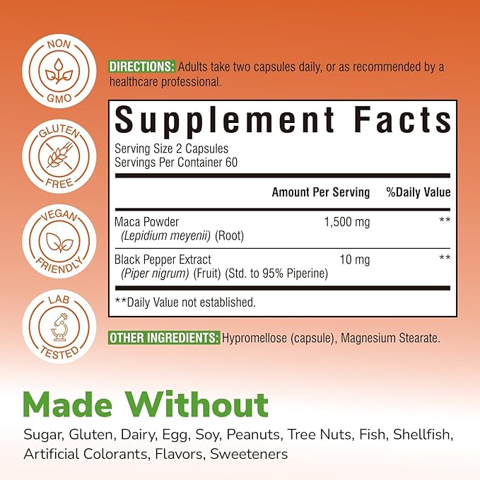 Maca Root Capsules for Women & Men, 1500 mg Maca Root Per Serving, with Black Pepper for Max Absorption, 95% Piperine, Vitality, Mood, Metabolic Support, 120 Capsules