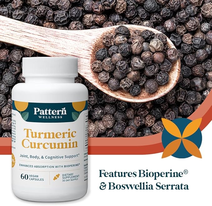 Pattern Wellness Turmeric Curcumin – 95% Curcuminoids with BioPerine® Black Pepper – Supports Joint, Cognitive & Immune Health – Non-GMO, Gluten Free – 180 Capsules