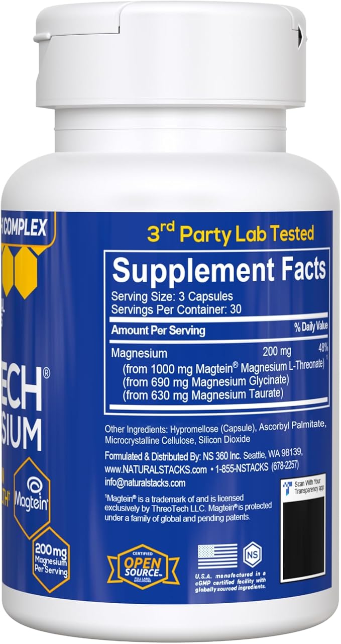 MagTech Magnesium Complex for Women & Men - 3 Forms of Magnesium: Glycinate, Magtein L-Threonate & Taurate - 200mg Chelated Complex - Support for Relaxation & Brain Health - 90 Glycinate Capsules