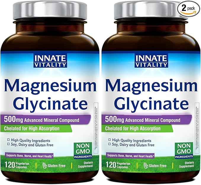 Innate Vitality Magnesium Glycinate 500mg | 70mg Elemental Magnesium Supplement - High Absorption, Non Buffered, Non-GMO & No Gluten - Vegan - Nerve Health - 120 Capsules (Pack of 2)