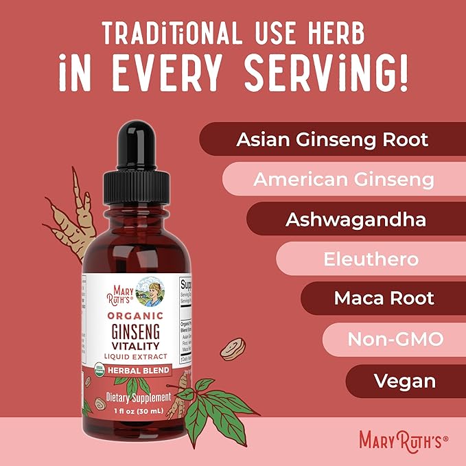 MARYRUTH'S Organics Herbal Supplement for Brain Function | Boost Energy | Memory | Vitality USDA | Ginseng with Ashwagandha | Eleuthero and Maca Root Extract | 1 Fl Oz