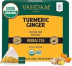 VAHDAM Organic Turmeric Ginger Herbal Tea Bags (100 Pyramid Tea Bags) Caffeine Free, Non GMO | 100% Pure Herbal Blend - Savory & Spicy, Plant-Based Teabags | Resealable Ziplock Pouch