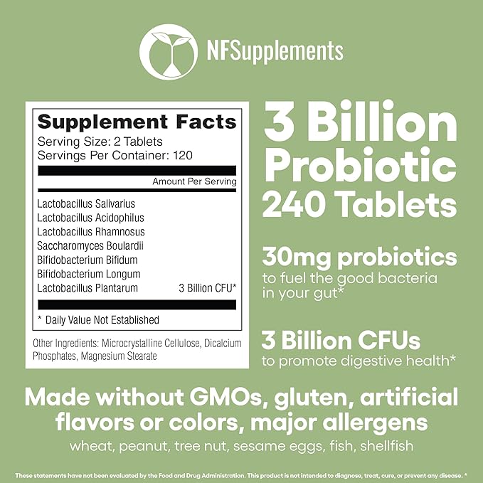 Natural Foundation Supplements Probiotics for Digestive Health Supports Bloating & Regularity Supplement 240 Tablets 3 Billion CFU (240, Digestive Probiotics)