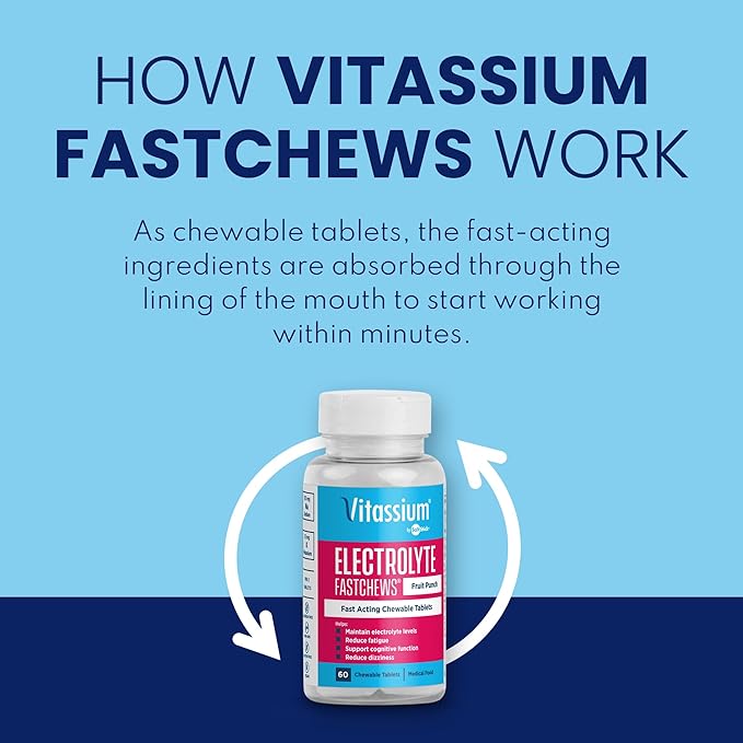 Vitassium FastChews, Chewable Electrolyte Tablets for Management of POTS and High Sodium Diets, Fast-Acting Sodium Tablets, Fruit Punch, 60 Count