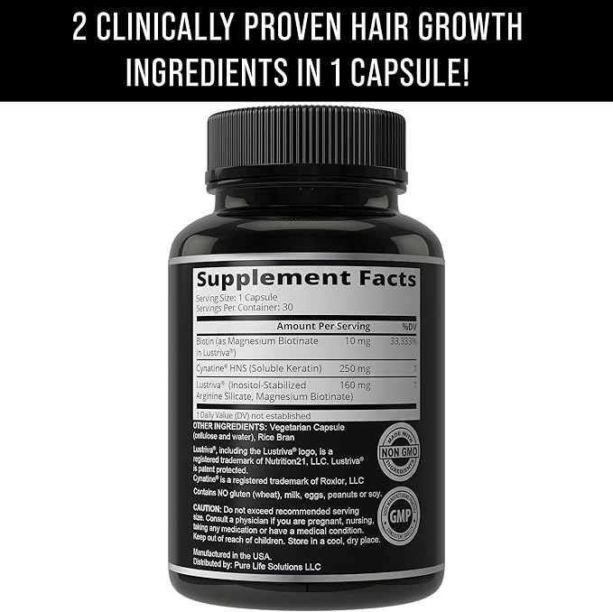 Lustriva Hair Growth Supplement + Cynatine HNS Keratin - 2 Clinically Proven Ingredients in 1 Capsule. Biotin 10000mcg and Soluble Keratin. Vitamins for Hair & Skin. Supplements for Women & Men