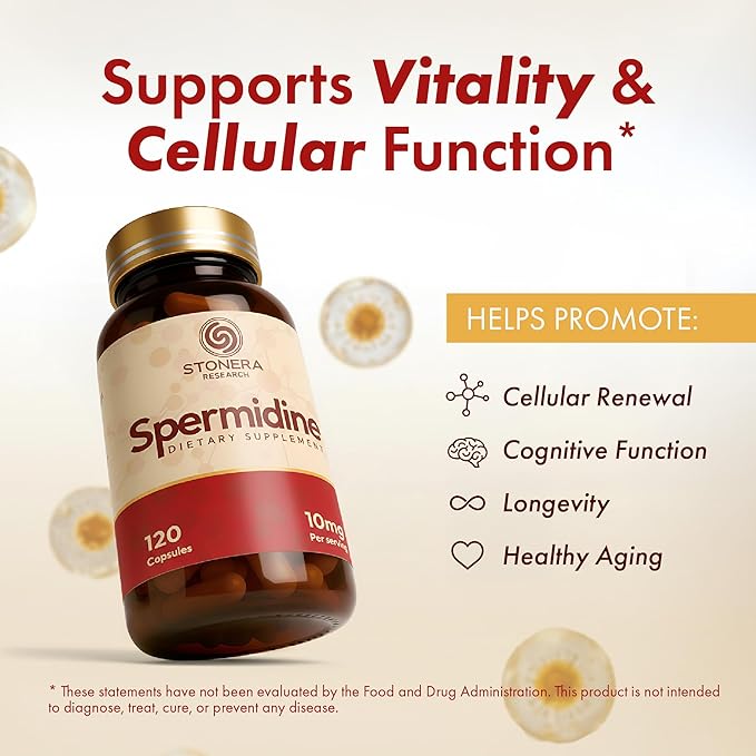 STONERA Spermidine Supplement, Cellular Renewal & Longevity Support - Optimized High Purity, 10mg per Serving, 120 Capsules Third-Party Tested