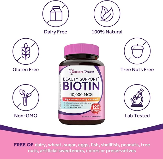 Doctor's Recipes Biotin 10,000mcg, High Potency Vitamin B7 for Hair, Skin & Nail Support, Non-GMO, Optimal Solutions Hair Vitamin with Biotin, for Women and Men, 120 Softgels