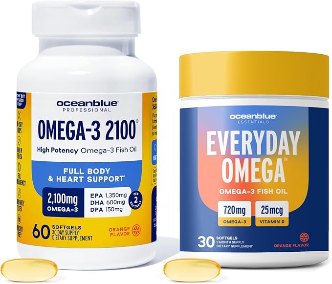 Oceanblue Omega-3 Bundle – 2100 Triple Strength 180ct + Essentials Everyday Omega Minis 60ct – High-Potency EPA, DHA, DPA with Vitamin D3 – Orange Flavor – Heart, Brain & Immune Support - 2 Pack