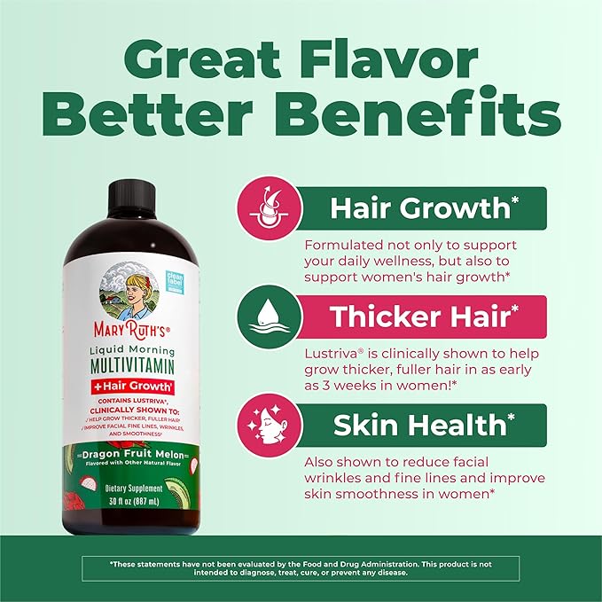 MARYRUTH'S Liquid Multivitamin+Hair Growth | Clinically Tested for Thicker Hair & Facial Wrinkles in Women | Biotin 10000mcg | Lustriva Hair Growth Supplement | Skin Care | Age 18+ | 30 Fl Oz
