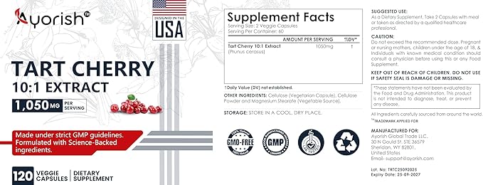 Tart Cherry Capsules 1050mg 120 Count Tart Cherry Extract 10:1 Antioxidant Supplement Plant Based Fruit Extract Capsules Vegan Non GMO