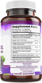Resveratrol 1600mg - 180 Capsules | Trans-Resveratrol Antioxidant Supplement with Natural Green Tea, Grape Seed Polyphenols & Quercetin, Supports Digestive, Heart Health, Immune System, Brain Function