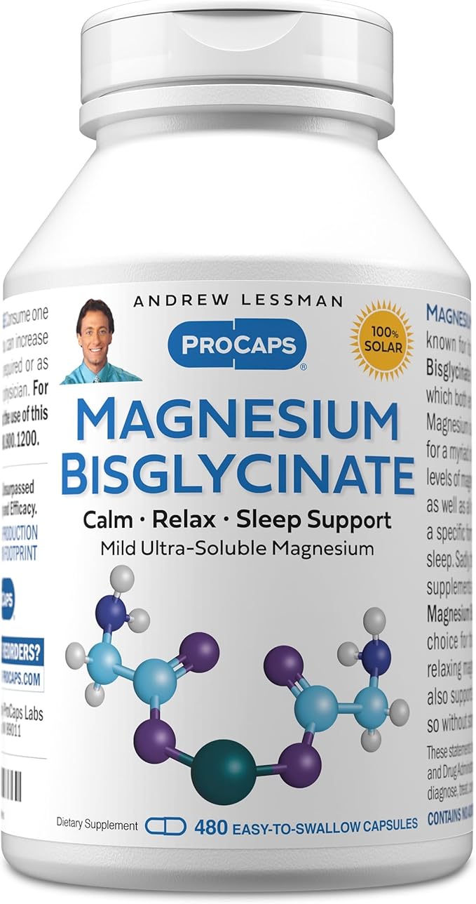 ANDREW LESSMAN Magnesium Bisglycinate - 480 Capsules - 70mg. Gentle, Highly Absorbable, Non-Laxative, Calming Magnesium for Relaxation. Enhanced Absorption. No Stomach Upset