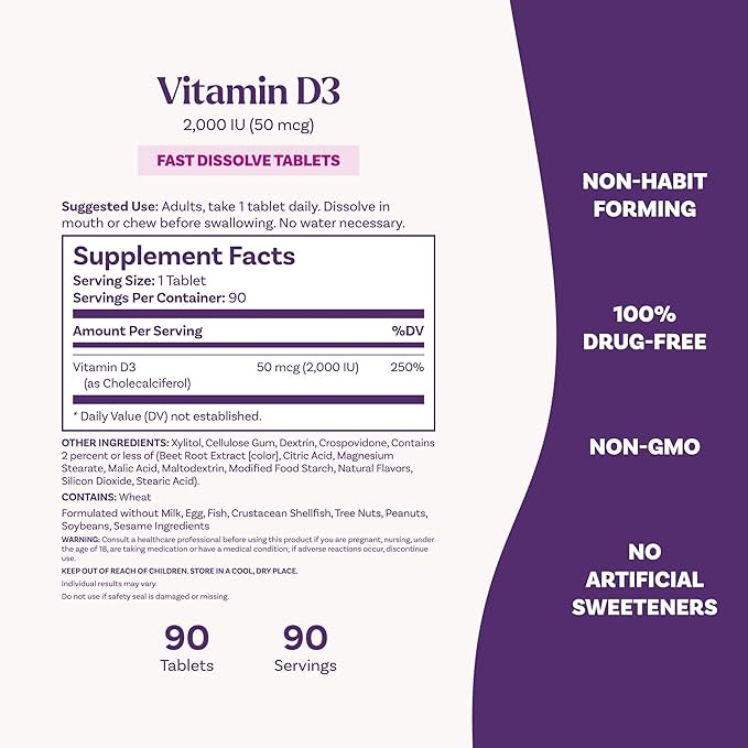 Natrol Fast Dissolve Vitamin D3 2,000 IU, Dietary Supplement for Bone and Joint Health, Bone Support Supplement, 90 Tablets, 90 Day Supply