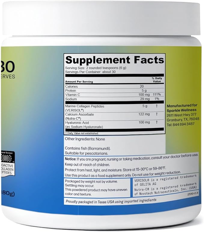 Sparkle Wellness Marine Skin Boost Plus (No Flavor) [30-Serves] | Collagen Powder Supplement with Marine-derived VERISOL Bioactive Hydrolyzed Collagen Peptides, Vitamin C & Hyaluronic Acid