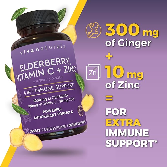 Viva Naturals Elderberry with Vitamin C and Zinc (120 Capsules) - 1000mg Sambucus Elderberry Immune Support Supplement, Black Elderberry Capsules for Adults, Elderberry Vitamins - 2 Months Supply