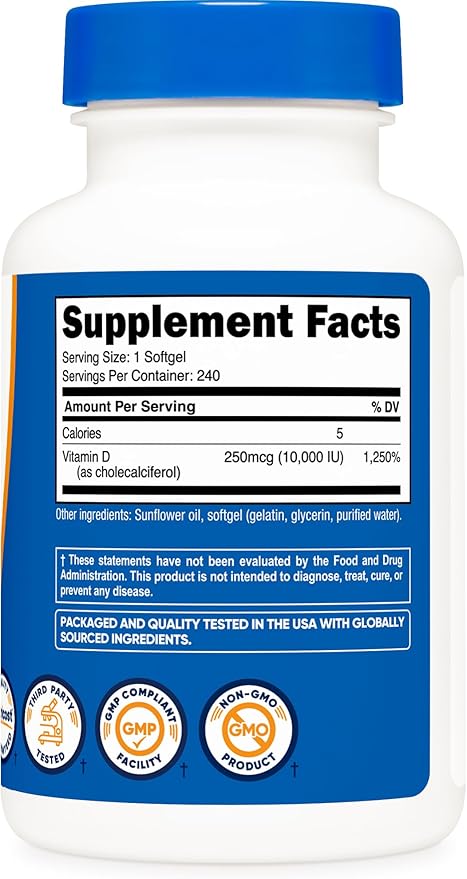 Nutricost Vitamin D3 10,000 IU, 240 Softgel Capsules - Potent, Non-GMO, Gluten Free Vitamin D