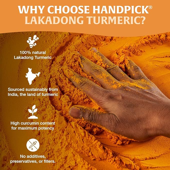 HANDPICK Lakadong High Curcumin Turmeric Powder (226g/ 8oz) Non GMO, Gluten Free, 100% Raw, Sourced from India, High Curcumin, Premium Quality, Packed in Resealable Ziplock Pouch