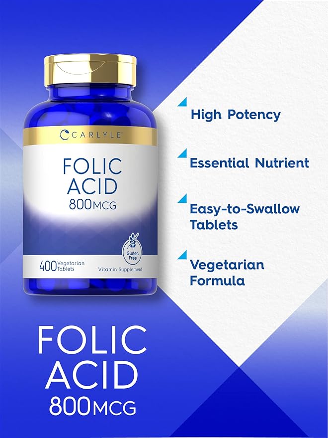 Carlyle Folic Acid 800 Mcg Tablets | 400 Count | Vegetarian, Non-GMO, Gluten Free Supplement