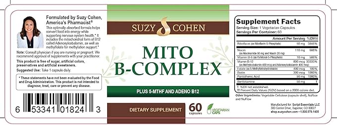 Script Essentials Suzy Cohen, Mito B Complex Dietary Supplement, 5-MTHF, Adeno B12, Methylation Support, Supports Healthy Nervous System, Boost Energy, Vitamin B, 60 Servings