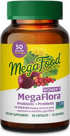 MegaFood MegaFlora Probiotics and Prebiotics for Women with 14 Strains & 50 Billion CFUs, Cranberry, Digestive Health, Vegetarian, Prebiotics and Probiotics for Women - 90 Capsules (45 Servings)