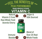 Peak Performance Raw Whole Food Natural Vitamin C Capsules from Acerola Cherry for Max Absorption. Vegan USA Sourced Vitamin C Supplement 90 Pills. 500 mg Serving or 2 Servings 1000mg