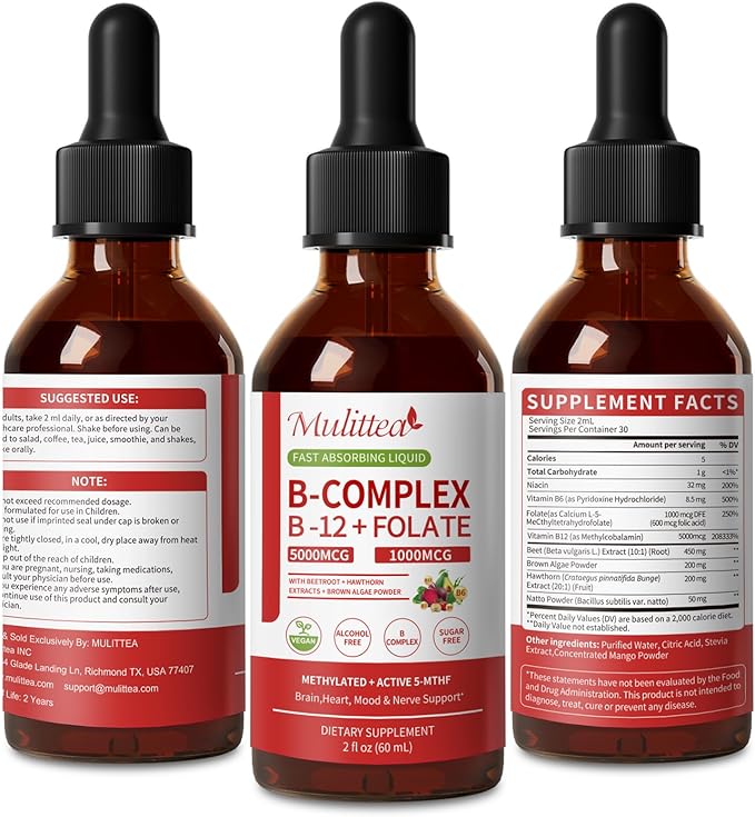 Methylated B Complex - 5000 mcg Methylcobalamin B12 & 5-MTHF Folate 1000 mcg - Vitamin B Complex Liquid Drops with B3, B6, Beetroot, Hawthorn - Energy, Focus, Heart & Brain, Sugar-Free, 2 Fl Oz
