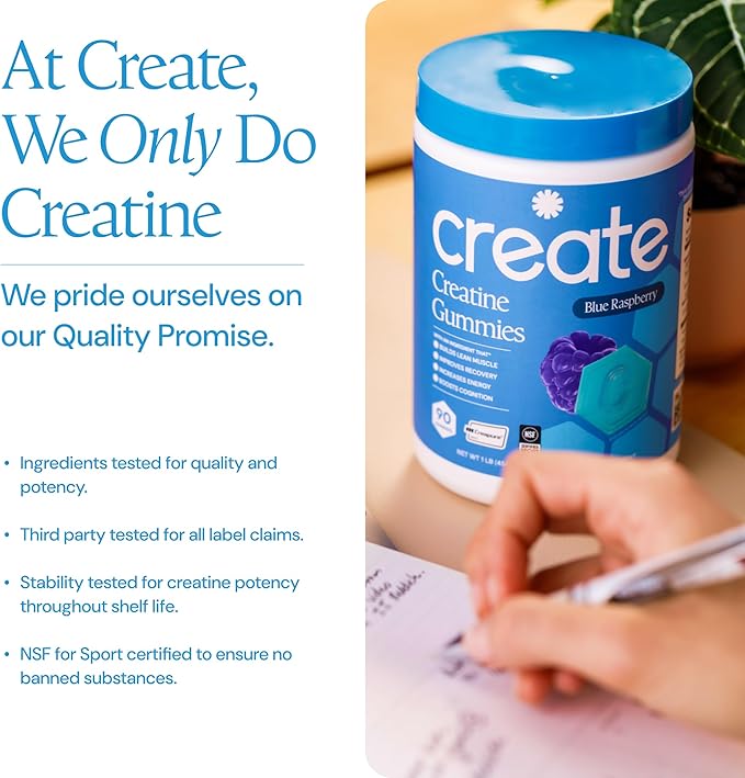 Create Creatine Monohydrate Gummies for Men & Women, Boost Focus, Strength, and Endurance, Anti-Melting Formula, Vegan, Gluten-Free, Non-GMO, 1.5g of Creatine per Gummy (Blue Raspberry)