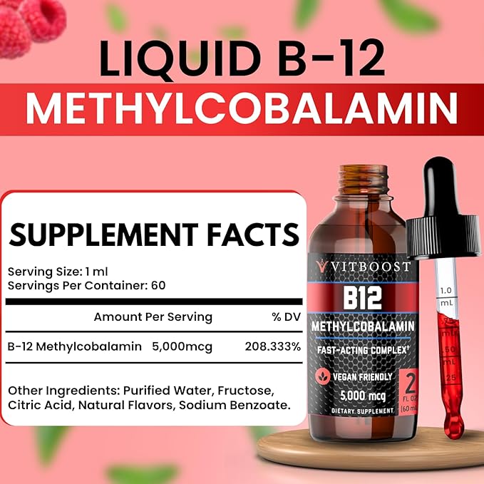 VITBOOST Vegan Liquid B-12 Drops – 60 x 5000 mcg Extra Strength Raspberry Flavored Vitamin B12 Liquid Methylcobalamin sublingual Supplement | Designed to Maximize Absorption & Energy | Gluten Free