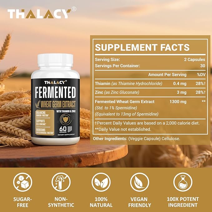 Spermidine Supplements 13mg - 1300mg Wheat Germ Extract Capsules Potent Formula with Higher Spermidine Content and Zinc for Healthy Aging, Daily Immune System and Cell Renewal, 120 Capsules