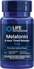 Life Extension Melatonin 6 Hour Timed Release, 3 mg, Extended-Release Formula for Optimal Sleep Support, Healthy circadian Rhythms, Cellular Defense, Gluten-Free, Non-GMO, Vegetarian, 60 Tablets