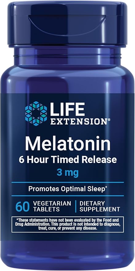 Life Extension Melatonin 6 Hour Timed Release, 3 mg, Extended-Release Formula for Optimal Sleep Support, Healthy circadian Rhythms, Cellular Defense, Gluten-Free, Non-GMO, Vegetarian, 60 Tablets