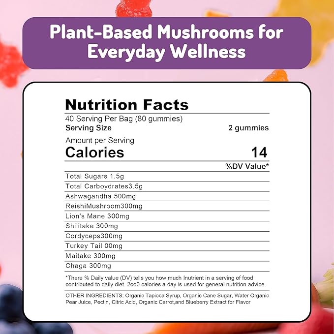 Ashwagandha and Mushroom Gummies 500mg with 8 Mushroom Blend (Reishi,Lion's Mane,Cordyceps) - Mushroom Gummies for Focus and Energy,Cognitive Boost -Mushroom Supplement for Adults,80 Count