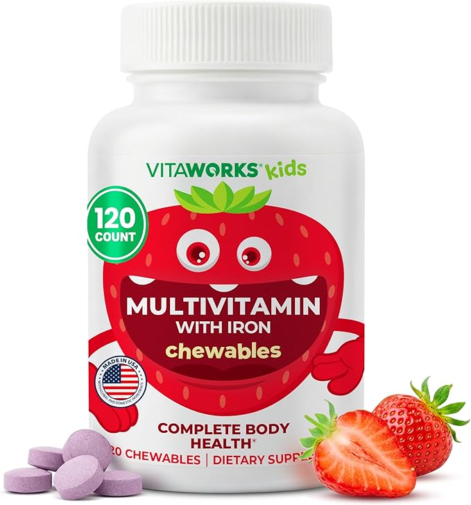 Kids Multivitamin with Iron & Minerals Chewable Tablets - Mixed Fruit Flavor - Vegetarian, GMO-Free, Nut Free - Dietary Supplement - Digestive Support for Children - 120 Chewables",