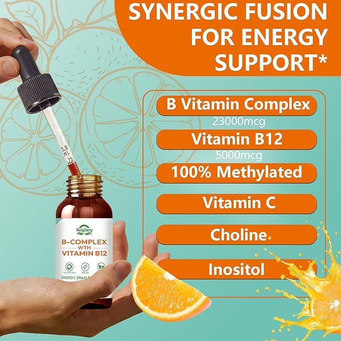 Vitamin B Complex Liquid Drops, B12 Methylcobalamin, B9 Folic, Vitamin C, Immune, Energy Metabolism, Brain & Heart Support, Orange Flavor, 60ml