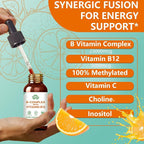 Vitamin B Complex Liquid Drops, B12 Methylcobalamin, B9 Folic, Vitamin C, Immune, Energy Metabolism, Brain & Heart Support, Orange Flavor, 60ml