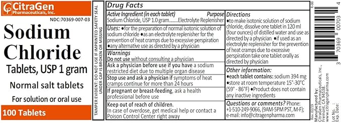 Sodium Chloride Tablets 1 Gm, USP Normal Salt Tablets - 100 Tablets (Pack of 3) by CitraGen Pharmaceuticals, Inc.