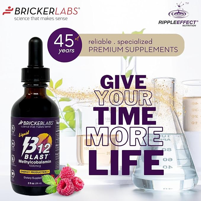 Bricker Labs B12 Blast Methylcobalamin 1000mcg, Great Tasting Sublingual Liquid Energy Vitamins -Vegan B12 Vitamins, Sustained Energy and Cellular Energy Supplement - 59-Day Servings